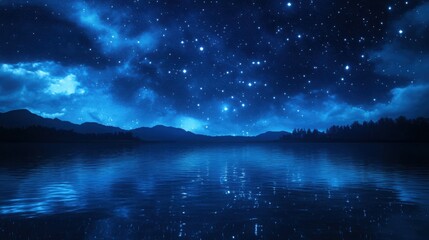 Fototapeta premium Starry night over calm water, the sky reflected perfectly on the lake surface, doubling the starfield effect