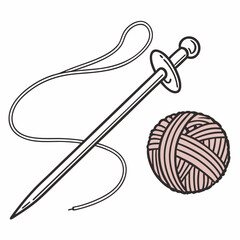 Knitting Needle And Yarn Ball Outline Vector Graphic Hand Drawn Style