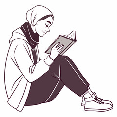 Muslim Woman Reading Book Sitting On Floor In Casual Clothes Sketch