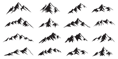 Mountains icon vector set. Hike, travel illustration sign collection. Set of rocky mountains silhouette.