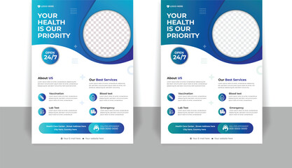 Medical Services Flyer Design template for  Vaccination, Lab Tests, Emergency Care & Health Checkups