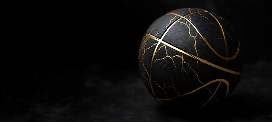 Black basketball ball with golden lines. On black background. 3D render, high resolution ai generate image