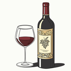 Illustrated Still Life Red Wine Bottle With Maple Leaf And Glass