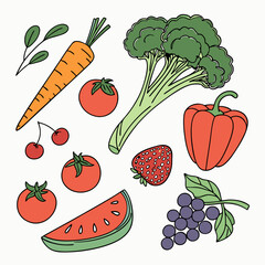 Colorful Assortment Of Fresh Fruits And Vegetables On White Background Illustration