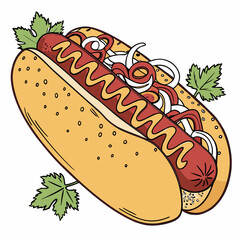 Delicious Cartoon Hot Dog With Mustard Onions And Green Garnish