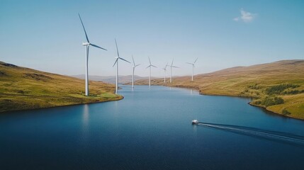 Wind farm during a clear day, distant view of turbines lined up with a small boat passing by
