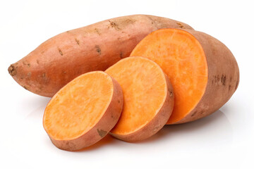 Fresh Sweet Potato Whole & Sliced - Vibrant Orange Flesh on White Background