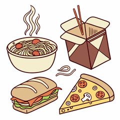 Tasty Cartoon Food Vector Illustration Of Pasta Pizza Sandwich And Takeout Noodles