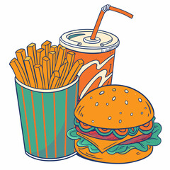 Burger French Fries And Soda Illustration Vintage Style Fast Food Combo