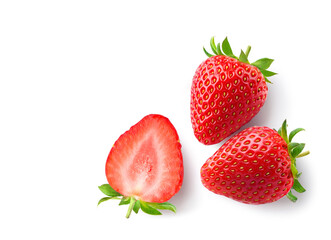 Flat lay of fresh strawberries with cut in half isolated on white.