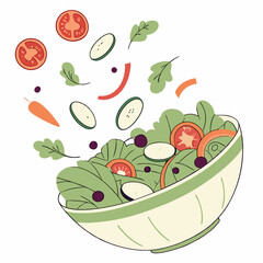 Illustration Of Fresh Salad With Tomatoes Cucumber And Greens In Bowl
