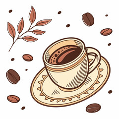 Coffee Cup With Beans And Leaves In Sketch Style Illustration