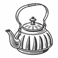 Retro Styled Tea Kettle Illustration With Detailed Line Art On Isolated White Background