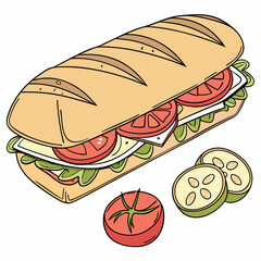 Delicious Submarine Sandwich With Fresh Vegetables Cartoon Illustration Style