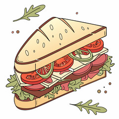 Cartoon Sandwich With Ham Cheese Tomato And Arugula Isolated On White
