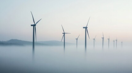 Wind farm on a cold and foggy morning