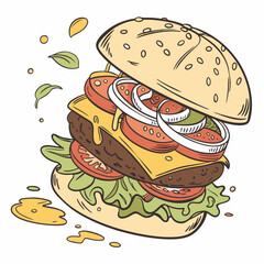 Detailed Hand Drawn Hamburger Illustration With Lettuce Cheese And Tomato