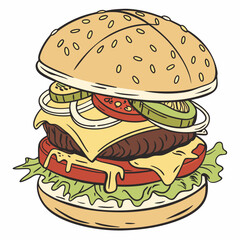 Delicious Cartoon Burger Illustration With Fresh Ingredients And Sesame Seed Bun