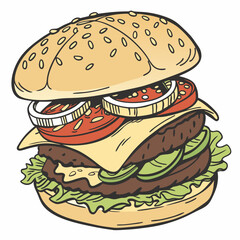 Tasty Hamburger With Meat Cheese Lettuce Tomato Onion Vector Illustration