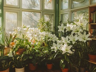 Fototapeta premium Sunlit windowsill with various potted plants, including vibrant white lilies, creating a tranquil indoor garden scene.