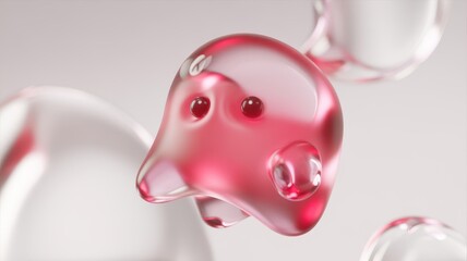 Jelly 3D render of a cute, simple, amorphous creature resembling a friendly blob. Made of translucent pink or blue jelly material with a very smooth liquid texture. Maybe two simple dot eyes embedded 