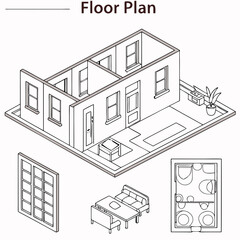 Isometric Architectural Drawing Of A Home Floor Plan With Interior Design Elements