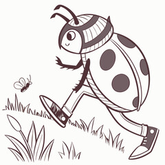 Cartoon Ladybug Running In Field Chasing Butterfly With Happy Expression