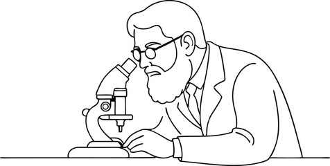 Line art of Scientist with Beard Looking at Microscope | Black and White Outlines