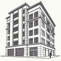 Perspective Of Modern Building With Person Line Art Illustration