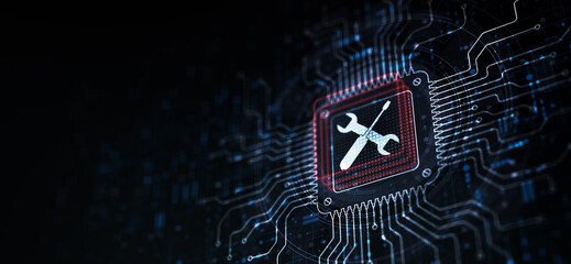 Digital Maintenance and Repair Icon Displayed on Processor in Circuit Design Environment.