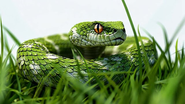 Green Viper Perched in Dense Grass, Majestic Wildlife Encounter in Nature