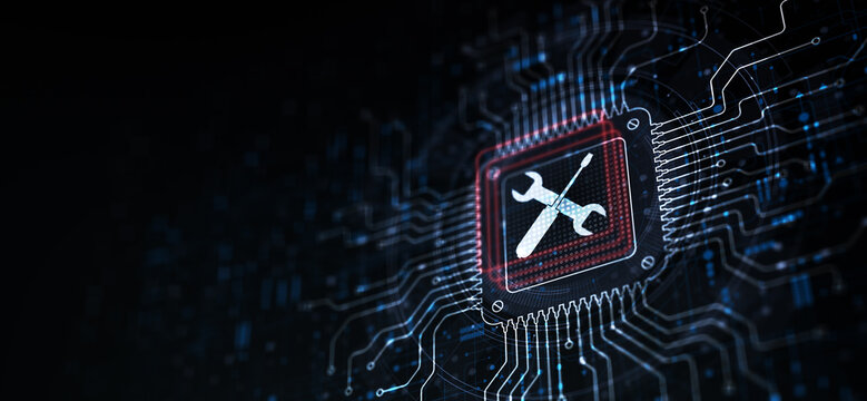 Digital Maintenance and Repair Icon Displayed on Processor in Circuit Design Environment.