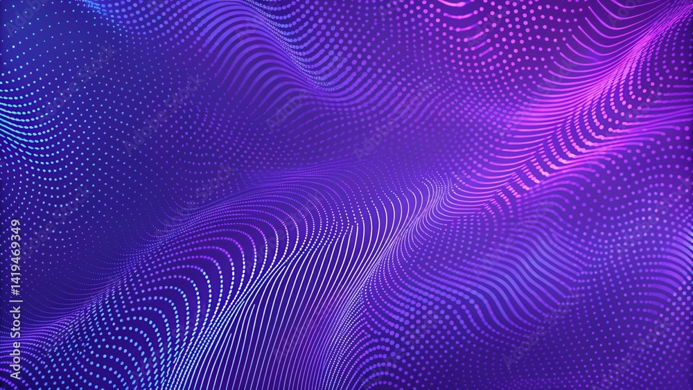 Leinwandbilder Bright wavy background. Glowing dots and lines. Neon light. Wave element for design. Smooth particle waves. Dynamic techno wallpaper. Violet and blue colors. Futuristic abstract digital landscape