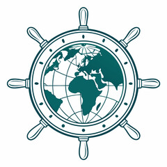Ship Wheel Globe Earth Map Illustration Nautical Steering Wheel Graphic Design