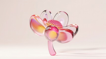 Fototapeta premium Jelly 3D render depicting an abstract flower form made of translucent blobject petals and stem. Smooth, liquid-like texture with soft color blending within the petals