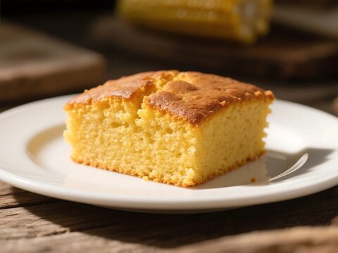 Slice of cornbread on a plate with corn ears. Perfect for food blogs, recipes, menus, or farmtotable concept designs. Generated ai