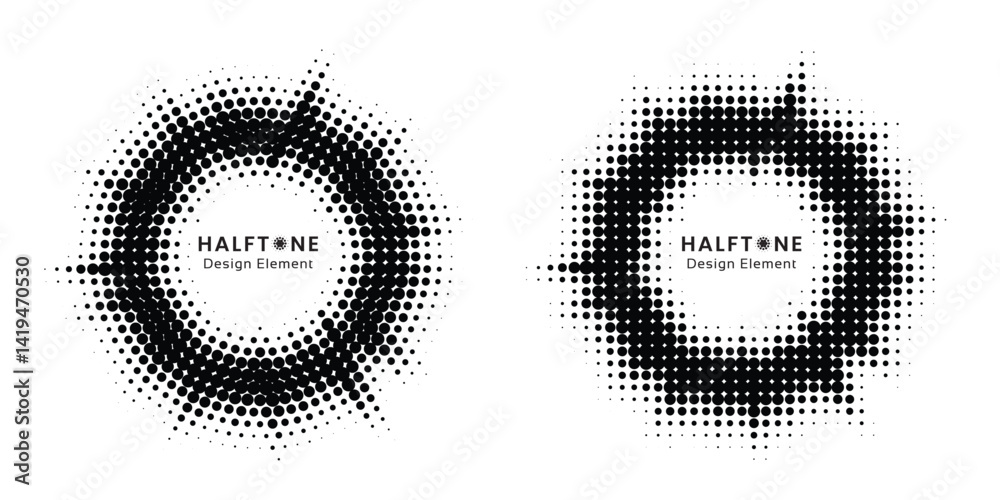 Poster Halftone circle frame background set. Round border Icon using halftone random circle. Grunge circular stain. Vector illustration.