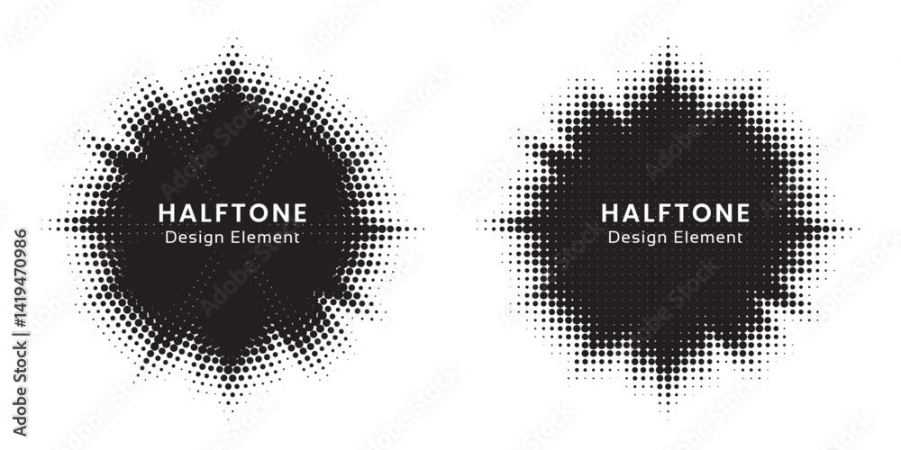 Poster Halftone circle frame background set. Round border Icon using halftone random circle. Grunge circular stain. Vector illustration.