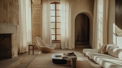Natural light floods a serene and modern living room space