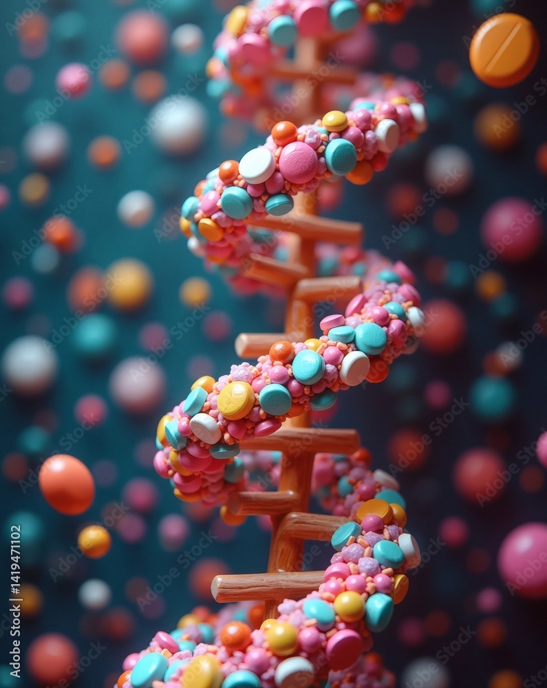Poster a colorful and abstract 3D rendering of a DNA double helix composed of various colorful pills and capsules floating in space.