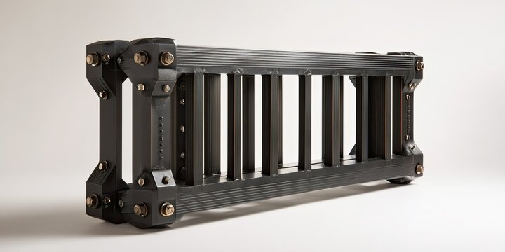 Industrial black metal structure with parallel bars and bolted connections, isolated