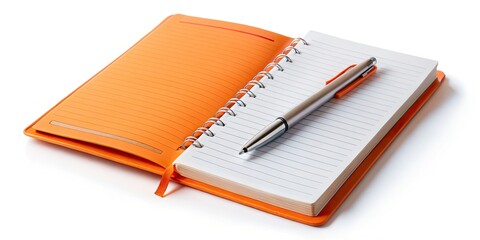 Orange Notebook, Open Notebook, Pen, White Background, Stationery, Office Supplies, Study, Learning, School Supplies, Note Taking, Writing, Education, Design, Minimalist, Simple, Clean, 