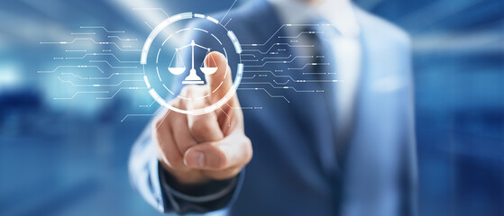 Digital Law and Legal Technology Illustrated on Virtual Interface.