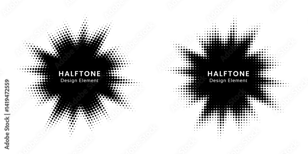 Poster Halftone circle frame background set. Round border Icon using halftone random circle. Grunge circular stain. Vector illustration.