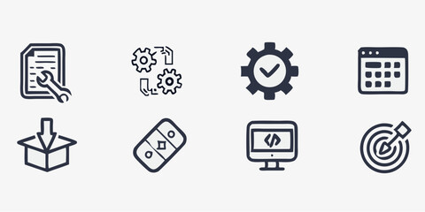 8 Black Line Art Icons: Settings, Process, Calendar, Download, Delete, Coding, Goals
