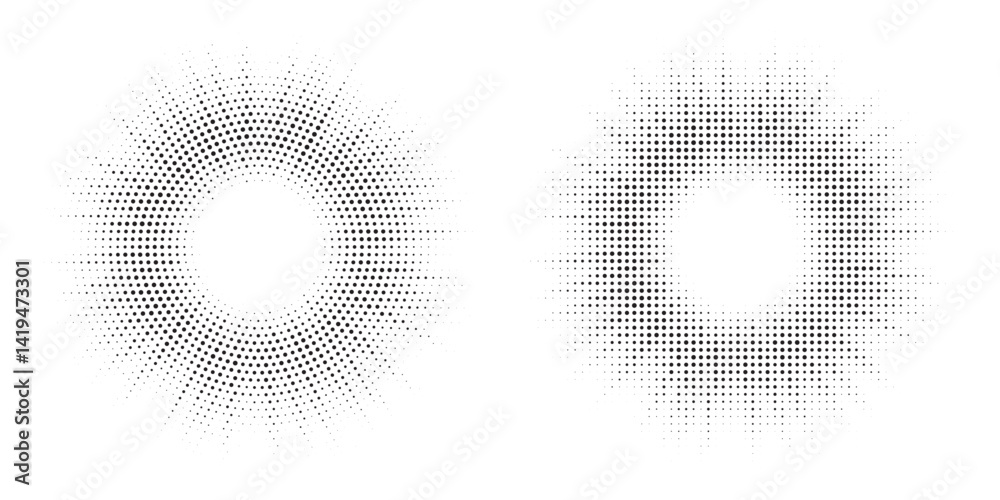 Aufkleber Halftone circle frame background set. Round border Icon using halftone random circle. Grunge circular stain. Vector illustration.