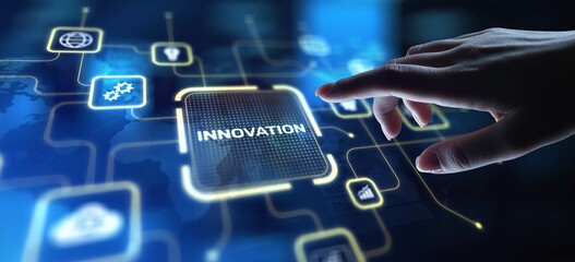 Innovation Driving Business Growth and Technological Advancement, projection on a virtual screen, Business and Technology Concept.