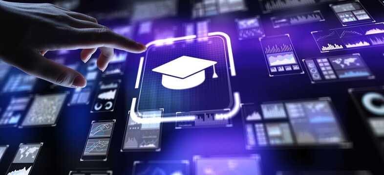 E-Learning Online Education and Virtual Learning Platforms, projection on a virtual screen, Business and Technology Concept.