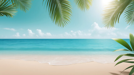 Obraz premium Tropical soft sea wave on sand beach background with soft turquoise water and green palm tree leaves framing the scene background.
