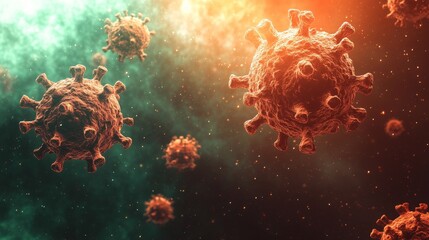 Fototapeta premium 3d illustration of cancer cells growing on human tissue surface, microscopic medical visualization of tumor cell formation, metastasis, and oncology concept, the aggressive nature of cancerous growth 